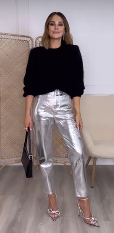 Metallic Nye Outfit, Silver Metallic Joggers Outfit, Ultra Chic Outfit, Silver Metallic Jeans, Silver Winter Outfit, Silver Pants Christmas Outfit, Silver Trousers Outfits Party, Silver Coated Jeans Outfit, Silver Holiday Outfit