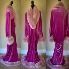 Gorgeous handmade,orchid pink velvet cocoon evening coat/robe with full faux fur trim on collar,cuffs and hem. Old Hollywood glamour for the modern diva, this beautiful gracefully elegant robe will envelope you in soft velvet and make you the starlet in your own classic movie! Gorgeous dark orchid pink velvet cocoon robe with soft as butter dusty pink faux fur collar cuffs and hem trim. Based on an original Art Deco period pattern, this handmade robe has dolman batwing sleeves and beautiful drap Hollywood Gowns, Pink Fur Coat, Dark Orchid, Silk Dressing Gown, Stylish Wedding Dresses, Evolution Of Fashion, Pink Fur, Cute Lazy Day Outfits, Pink Faux Fur