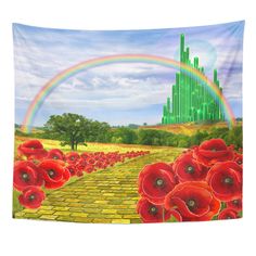 the wizard's castle with red poppies and a rainbow in the sky above