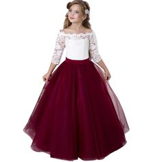 Stunning Flower Girl Dress Lace Top Tulle Skirt Suit For Wedding Party,Holiday Party, Christmas, Baptism, Birthday, Pageant And Other Special Occasions. Made Of High Quality Tulle,100% Cotton Lining,Soft And Comfortable If You Need This Dress To Be More Puffy, Please Prepare A Crinoline For Your Child. Burgundy Flower Girl Dress, Dresses Burgundy, Long Flower Girl Dresses, Girls Ball Gown, Girls Dresses Online, Kids Party Dresses, First Communion Dresses, Girls Pageant Dresses