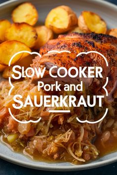 Slow cooker pork and sauerkraut with roasted potatoes on a plate. Pork Tenderloin Recipes In Crockpot Saurkraut, Crockpot Country Style Pork Ribs With Sauerkraut, Crockpot Pork And Sauerkraut Slow Cooker, Slow Cooker Pork Chops And Sauerkraut, Slow Cooker Pork And Sauerkraut, Crock Pot Pork And Sauerkraut, Best Pork And Sauerkraut Recipe, Pork And Cabbage Recipes Crockpot, Pork Chops And Sauerkraut Crockpot