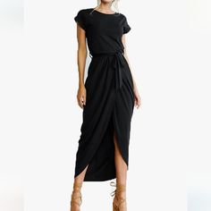 Belt Is Included - It's Just Missing From The Photos. Photos Of Dress On Model Are Product Stock Photos And Are Not My Own. Black Midi Dress With Tie Waist For Summer, Black Short Sleeve Midi Dress For Brunch, Black Tie Waist Evening Dress, Casual Black Maxi Dress With Tie Waist, Spring Black Maxi Dress With Tie Waist, Fitted Black Maxi Dress With Tie Waist, Black Tie Waist Dress For Night Out, Black Midi Dress With Tie Waist For Brunch, Black Tie Waist Dress For Date Night