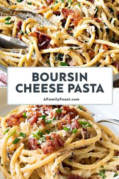 this is an image of a bowl of boursin cheese pasta with bacon and parmesan