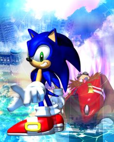 sonic the hedge riding on top of a red car in front of a blue sky