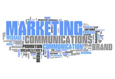 the word marketing is shown in blue and black letters on a white background with other words surrounding it