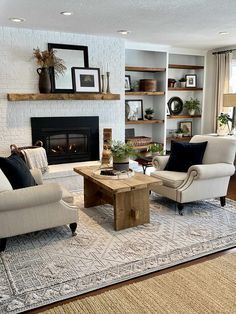 a living room filled with furniture and a fire place in the middle of a room