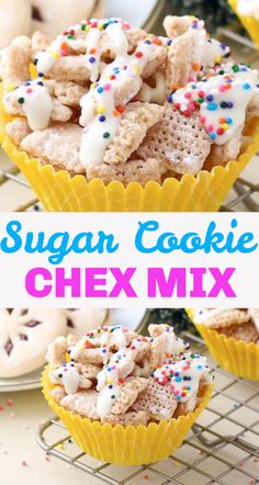 sugar cookie chex mix with sprinkles in yellow cups