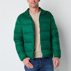 Gear up for cooler weather with this St. John's Bay men's midweight puffer jacket equipped with water-resistant properties. Crafted from a durable woven fabric, it features a mock neck, long sleeves, a full-zip front, and two side zip pockets for added convenience. Features: Water ResistantClosure Type: ZipperNeckline: Mock NeckPockets: 2 Side Zip PocketsSleeve Length: Long SleeveWarmth Factor: MidweightApparel Length: 28 InchesOuterwear Length: ShortFiber Content: 100% NylonFabric Description: Functional Green Puffer Jacket With Long Sleeves, Functional Green Long Sleeve Puffer Jacket, Green Waterproof Winter Puffer Jacket, Green Waterproof Outerwear For Cold Weather, Solid Puffer Jacket For Outdoor Activities, Green Long Sleeve Puffer Jacket For Outdoor, Casual Puffer Jacket For Outdoor Activities, Weatherproof Down Puffer Jacket With Long Sleeves, Down Outerwear For Outdoor Activities