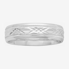 High-polish sterling silver men's wedding band features an attractive criss-cross design and stylish milgrain border. Designed with a rounded comfort fit interior that slides on easily and avoids pinching. Engrave inside of band with names, a date or sweet sentiment and make it truly personal.Personalize: Up to 25 characters (including spaces) in Script MT Bold fontJewelry photos are enlarged to show detail.Ring Style: Bands, Wedding BandsFeatures: Personalized, Quick ShipMetal Color: WhiteBand Mens Silver Wedding Bands, Silver Wedding Band, Rings Bands, Sterling Silver Wedding Band, 2 Rings, Silver Wedding Bands, Cross Design, Sterling Silver Mens, Ring Style