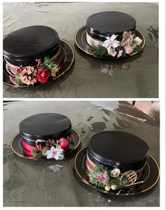 three different images of the same black box with flowers on it and gold trimmings