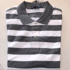 Dark Gray And White Stripes With Banded Short Sleeves, Two Button Front. Preppy White Polo Shirt With Striped Collar, White Shirt With Striped Polo Collar, White Polo Shirt With Striped Collar, Blue Shorts Men, Affordable Men's Three Stripes T-shirt, Beige Plaid, Blue Polo, Polo Blue, Striped Polo Shirt