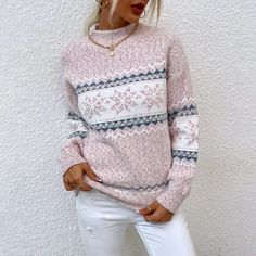 Christmas Sweater 2024 Autumn Winter Half Turtleneck Snowflake Geometric Christmas, Snowflake Sweater, Pullover Mode, Elegant Sweater, Jacquard Sweater, Neue Outfits, Estilo Chic, Snowflake Pattern, Round Neck Sweaters