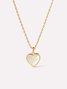 Gold Heart Necklace - Laure Mother of Pearl Gold Heart Necklace With Pearl Charm For Valentine's Day, Gold Heart Necklaces With Pearl Charm, Gold Heart Necklace With Pearl Charm As Gift, Gold Heart Necklace With Pearl Pendant For Valentine's Day, Classic White Necklace With Heart Charm, Valentine's Day Gold Heart Necklace With Pearl Pendant, Valentine's Day Heart Pendant Necklace With Pearl Charm, Valentine's Day Mother Of Pearl Jewelry, Elegant Heart-shaped Mother Of Pearl Jewelry