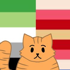 an orange cat sitting in front of a multicolored wall with stripes on it