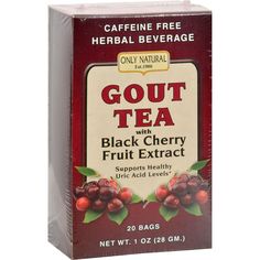 Only Natural's Gout Tea is a delicious yet comprehensive blend of Black Cherry Extract, Celery Seed, Dandelion Root, Green Tea (Caffeine Free), Alfalfa and Ginger Root. Only Natural's Gout Tea may assist in maintaining healthy uric acid levels and over all well being.* Only Natural uses the finest quality herbs and fruit extracts. Ingredients : Blend of Black Cherry Extract, Celery Seed, Dandelion Root, Green Tea (Caffeine Free), Alfalfa and Ginger Root. Country of origin : USA Gluten Free : Yes Black Cherry Fruit, Cherry Extract, Uric Acid Levels, Herbal Drinks, Dandelion Root, Cherry Fruit, Alkaline Diet, Celery Seed