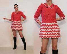 "Vintage '60s guava pink & white chevron crochet mini dress. Made of crochet diamond pointelle knit wool. Chevron striped pattern on skirt + sleeves. Peter pan collar with contrasting trim. Slips on over the head. Unlined - not itchy. Fit-and-flare shape. One-of-a-kind, handmade piece. DETAILS-----> Label: n/a - handmade Era: '60s Fabric: wool MEASUREMENTS-----> Tag: n/a - no size marked - should suit size small - s/m Shoulders: 13\" Bust: 13\" - about 19.5\" Sleeves: 19\" Sleeves (fro Fitted Retro Crochet Dress For Spring, Vintage Fitted Crochet Dress For Spring, Vintage Crochet Dress For Spring, 60s Fabric, Crochet Diamond, Chevron Crochet, Wool Knitted Dress, Mod Mini Dress, Crochet Wool