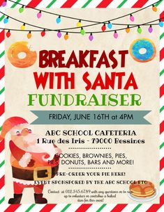 a flyer for breakfast with santa and other food items on the table, including donuts