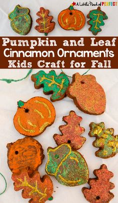 pumpkin and leaf cinnamon ornament crafts for fall with text overlay that reads, pumpkin and leaf cinnamon ornaments kids craft for fall