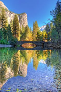 a bridge over a body of water with mountains in the background and leaves on the ground