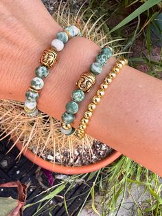 Three bracelets are included in this stack ✨ beads used are the green spotted Jasper and green aventurine and gold accent beads.  Each bracelet is size 6.25in.  These bracelets are made as they are ordered right by the ocean and ship within 1-2 days. 📦 Your bracelets will be wrapped in bright packaging and will include a jewelry care card. 🌙  If you have any questions related to your order, feel free to connect with me prior to purchasing. Thank you! ️ Green Hand Wrapped Beaded Bracelets For Everyday, Green Amazonite Bracelet With 8mm Beads, Green Amazonite Beaded Bracelets As Gift, Everyday Green Aventurine Beaded Bracelets, Everyday Green Aventurine Beaded Bracelet, Stackable Green Beaded Spiritual Bracelets, Green Stackable Spiritual Beaded Bracelets, Spiritual Green Stackable Beaded Bracelets, Bright Packaging