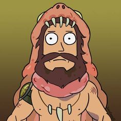 a cartoon character with a beard and mustache sitting on the ground in front of a brown background