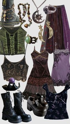 Check out velvetgoldm1ne's Shuffles whimsigoth wardrobe Y2k Bohemian Fashion, British 80s Fashion, Wymsical Goth, Whimsi Gothic Aesthetic, Witchcore Fashion Grunge, Whimsigoth Amazon Finds, Whimsigoth Overalls, Whimsygoth Summer Outfits, Whimsical Witch Aesthetic