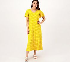 The pretty style of the midi dress plus the comfiness of Liquid Knit®? That's what we like to call a home run of a combination. From Susan Graver. Casual V-neck Knit Midi Dress, Casual Knit Midi Dress With V-neck, Casual Knit V-neck Midi Dress, Spring Knit Midi Dress For Loungewear, Casual Knit Midi Dress For Loungewear, Casual Knit Midi Dress For Daywear, Spring Stretch Midi Dress For Loungewear, Casual Knit Short Sleeve Midi Dress, Casual Yellow Dress For Loungewear