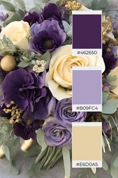 a bouquet with purple flowers and greenery on the bottom is shown in color swatches