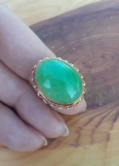 ATTENTION BUYERS.. PLEASE READ ANNOUNCEMENT IN MY SHOP. it's very important information there about purchasing items. Must purchase thru Etsy only, NOT from " Offsite ads"Beautiful 14k Yellow Gold Green Jade ring.. size 6. sizable all sales are final some pics ENLARGED to see details. Ring is in Good Pre Owned Condition.ATTENTION BUYERS ALL ITEMS FROM MY SHOP MUST BE PURCHASED STRAIGHT FROM ETSY, NOT FROM OFFSITE ADDS  All orders purchasing from Google and others will be cancelled Wedding Emerald Ring Oval Cabochon With Polished Finish, Luxury Handmade Emerald Ring For Formal Occasions, Handmade Luxury Emerald Ring For Formal Occasions, Antique Cabochon Emerald Wedding Ring, Classic Jade Jewelry For Wedding, Classic Jade Wedding Jewelry, Elegant Handmade Emerald Ring, Jade Cabochon Jewelry For Wedding, Antique Jade Jewelry For Anniversary