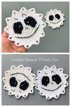 crocheted coasters made to look like the face of jack skellingy