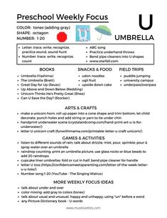 a poster with the words preschool weekly focus umbrella