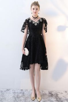 Shop Gorgeous Black Lace High Low Homecoming Dress Vneck online. All instock with free shipping. Pro since 2009. Party Dress With Sleeves, High Low Party Dresses, Black High Low Dress, Party Dresses With Sleeves, Homecoming Party, Party Dresses Online, Dress With Sleeves, Bubble Sleeve, Career Dress