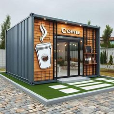 a small coffee shop made out of shipping containers