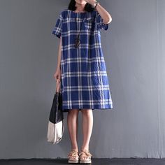 New Casual plaid cotton sundress summer shift dresses opens at back - Omychic Dresses To Make, Summer Shift Dress, Sundress Summer, Loose Dresses, Cotton Sundress, Summer Linen Dresses, Shift Dresses, Fashion Dresses Casual, Loose Dress