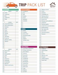 a printable travel packing list with the words,'trip pack list'and an image of a car