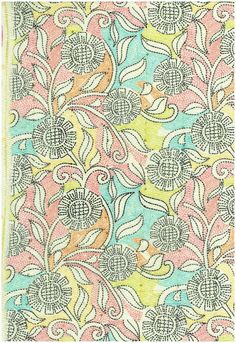 an intricately designed, multicolored fabric with flowers and leaves in pastel colors