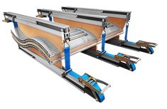 three conveyor belts are attached to each other with blue handles and metal clips on them