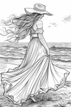 a woman in a dress and hat walking on the beach with her long hair blowing in the wind