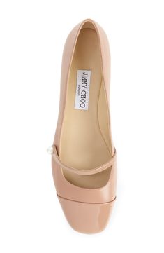 A square cap toe and slender strap bring a shiny element to a reimagined mary jane flat punctuated with a monogram imitation pearl. Leather upper, lining and sole Made in Italy Designer Shoes Ballet Pink, Pearl Leather, Mary Jane Flats, Womens Flats, Jimmy Choo, Mary Janes, Designer Shoes, Leather Upper, Ballet