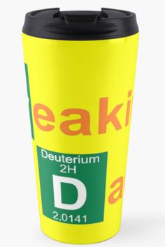 a yellow travel mug with the words deaki on it and an orange d underneath