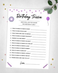 a birthday trivia game with balloons and confetti