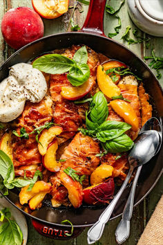 Prosciutto wrapped chicken in a skillet with serving spoons, fresh basil, burrata, and peaches. Chicken Wrapped In Prosciutto, Chicken With Peaches, Prosciutto Wrapped Chicken, Dump Recipes, Grain Brain, Daniel Plan, Delicious Chicken Salad, Prosciutto Wrapped, Summer Eats