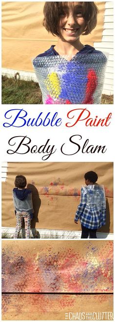 two photos with the words bubble paint body stain on them and an image of a child in