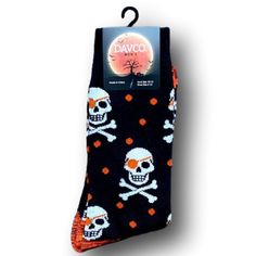 Halloween Funny Novelty Crew Socks. Pirate Skill & Crossbones Design. Orange, White & Black Colors. Davco Brand. 98% Polyester, 2% Spandex. Brand New With Tags Attached. Great For Gifts Or Stocking Stuffers! Check Out My Closet For Many Other Funny Socks, Bundle Multiple Items For Better Discounts! Groom Socks, Baseball Socks, Over The Calf Socks, Skull Crossbones, Foot Socks, Blue Q, Mens Crew Socks, Pirate Skull, Comfortable Socks