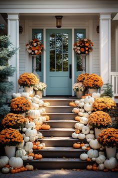 an entrance with pumpkins and gourds on the steps