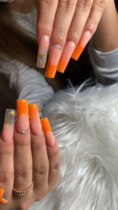 Nail And Toe Set, Orange Nails Coffin, Orange Acrylic Nails, Tapered Square Nails, September Nails, Fall Orange, Studded Nails, Long Acrylic Nails Coffin, Long Square Acrylic Nails