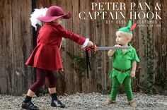 two children dressed as peter pan and captain hook in front of a fence with the caption peter pan & captain hook diy kids costumes