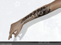 a woman's arm with tattoos on it and stars in the sky behind her