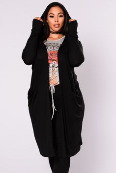 Available in Black Draped Open Front Hoodie Maxi Length Side Pockets Thumb Holes on Sleeve Hem Thermal Fabric 95% Rayon 5% Spandex Imported | Sunday Kind Of Love Duster Jacket in Black size Medium by Fashion Nova Sunday Kind Of Love, Duster Jacket, Curve Dresses, House 2, Womens Loungewear, Thumb Holes, Rompers Women, Comfy Outfits, Sweater Shop