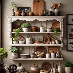 the shelves in this kitchen are filled with pots, pans and other things to cook